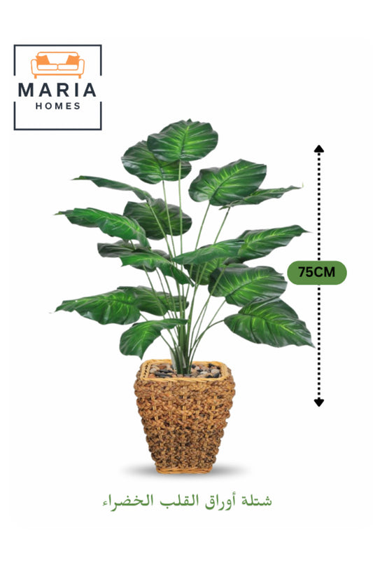 Artificial Green Heart Leaf Plant 75 cm Ð 18 Leaves with Woven Basket Pot for home and office